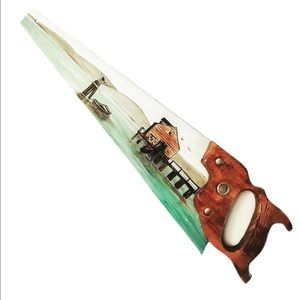 Rare VINTAGE folk art original painting on saw